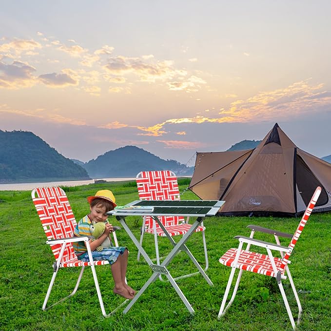 VINGLI Patio Lawn Webbed Folding Chairs Set of 4, Outdoor Beach Chair Portable Dining Chair for ir for Outdoor Yard, Garden(Red, Classic)