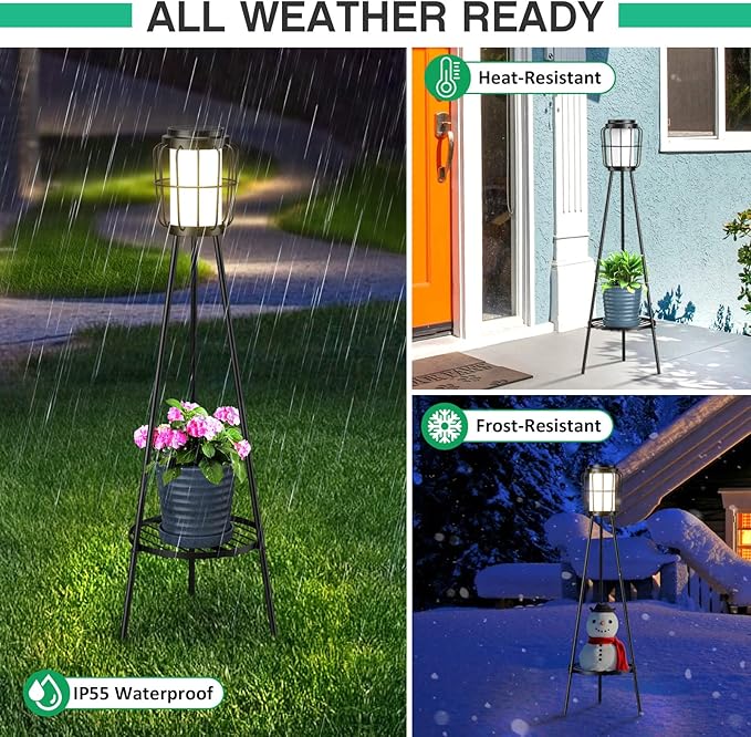 2 Pack Solar Lights Outdoor with Plant Stands - Solar Floor Lamp & Street Lights with Metal Tripod - Patio Decor for Garden, Yard, Pathway, Driveway, Porch