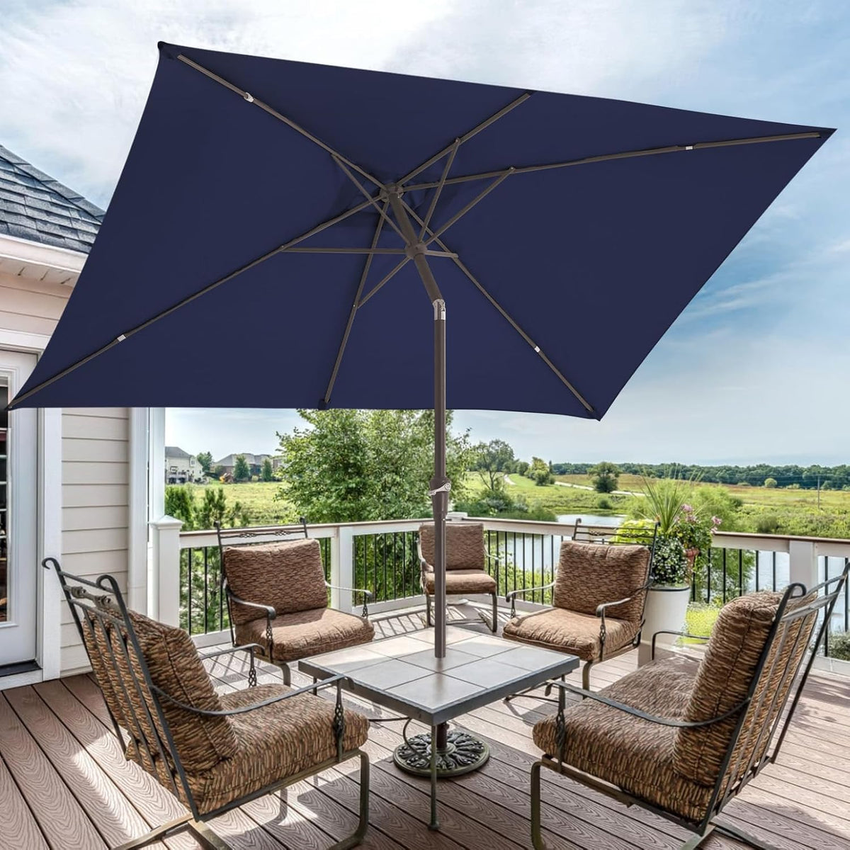JEAREY 6.5x10 ft Rectangular Patio Umbrellas Outdoor Market Umbrella with Push Button Tilt and Crank, Rectangle Table Umbrellas 6 Sturdy Ribs UV Protection for Pool Garden Backyard Deck, Dark Navy
