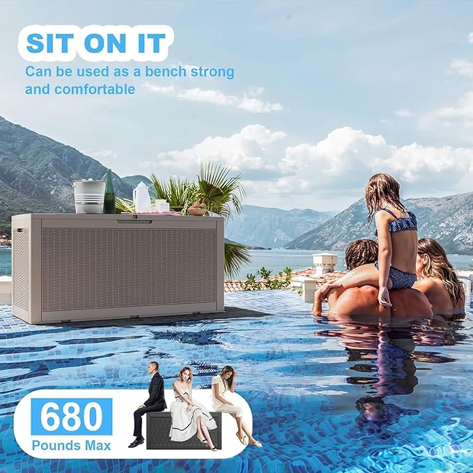 102 Gallon Outdoor Storage Box Waterproof, UV Resistant Resin Deck Box with Hydraulic Rod, Lockable Design and Enhanced Durability for Patio, Garden, and Poolside Use