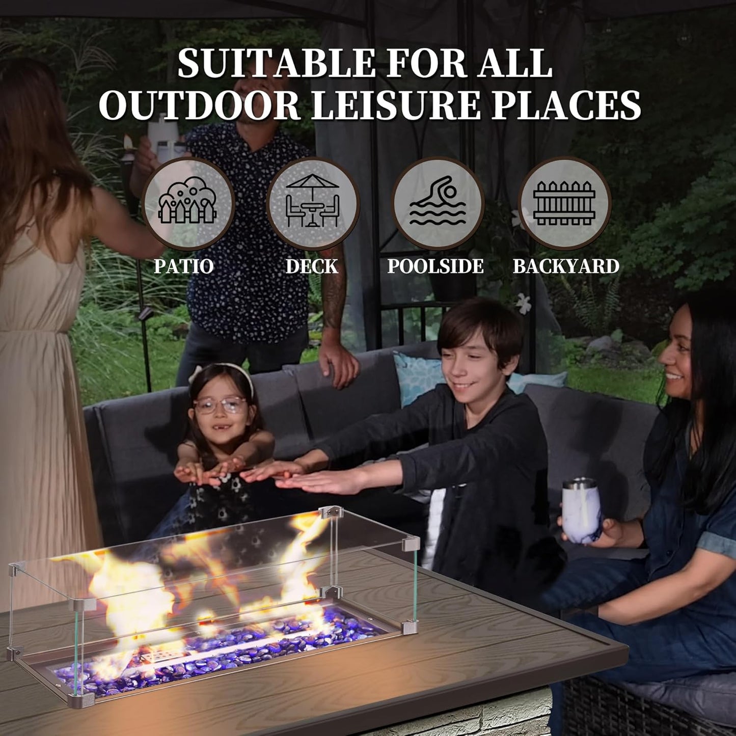 43¡± Propane Fire Pit Table Outdoor Rectangular Stone Firepit Table 50,000 Btu Propane Fire Tables for Outside Patio with Glass Wind Guard, Lid, Fire Glass Beads,Brown Rock Look