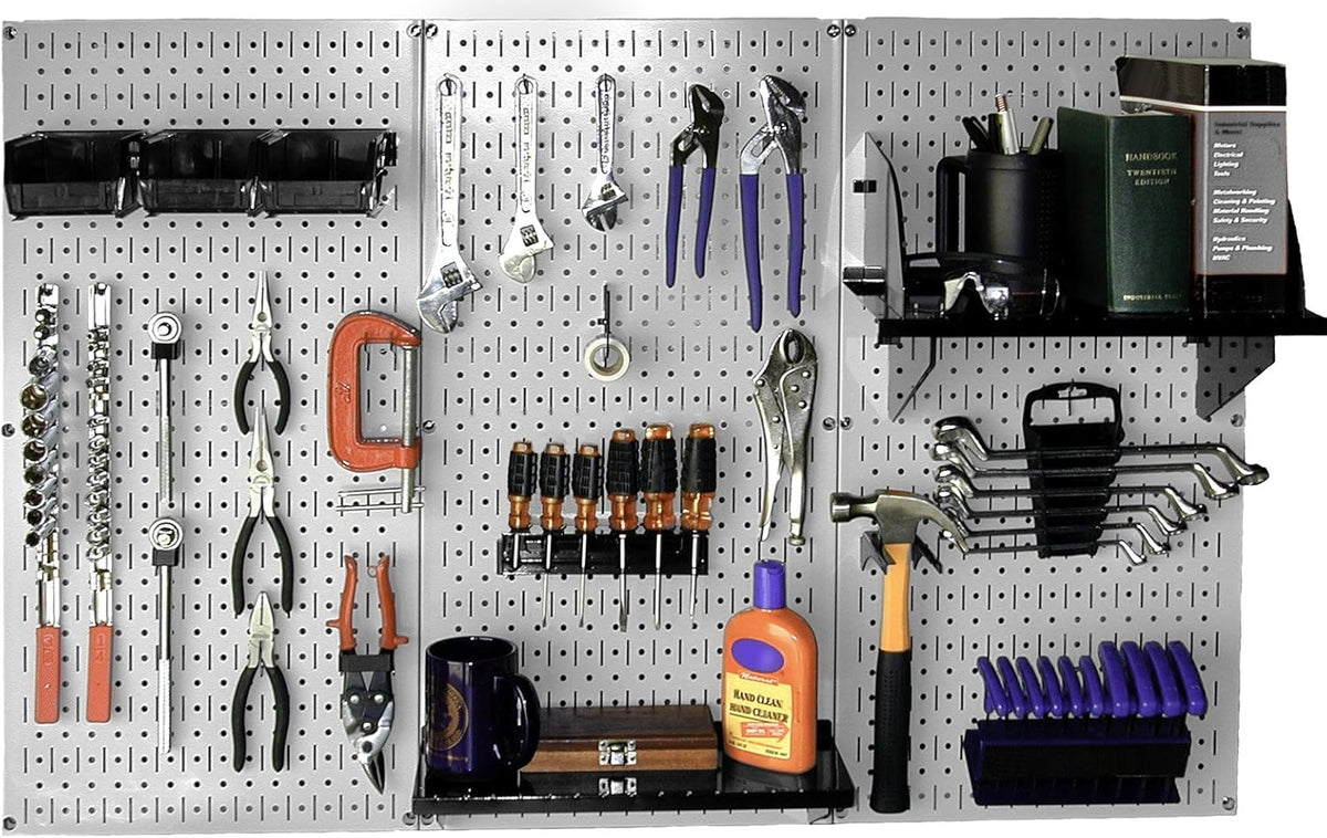 Wall Control Metal Pegboard Tool Organizer Kit (30-WRK-400GB) and Wall Control 26 Piece Deluxe Slotted Hook Assortment (KT-200-DLX)