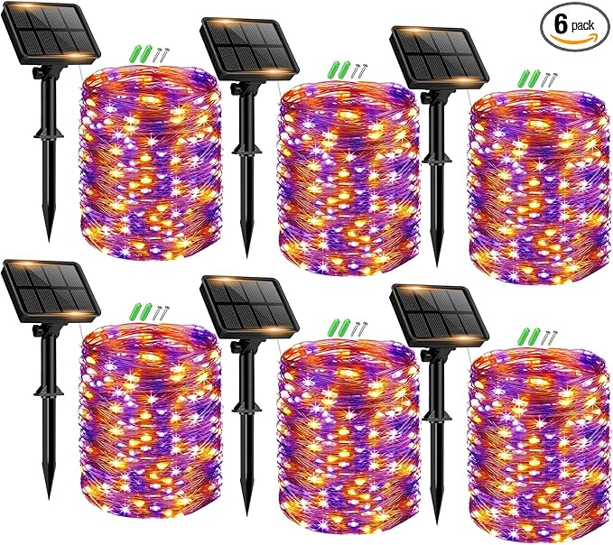 6 Pack Solar Fairy Lights for Outside Waterproof, 49FT/15M 150LED Solar String Lights Outdoor 8 Modes Solar Twinkle Lights for Garden Yard Halloween Decor, Orange-Purple