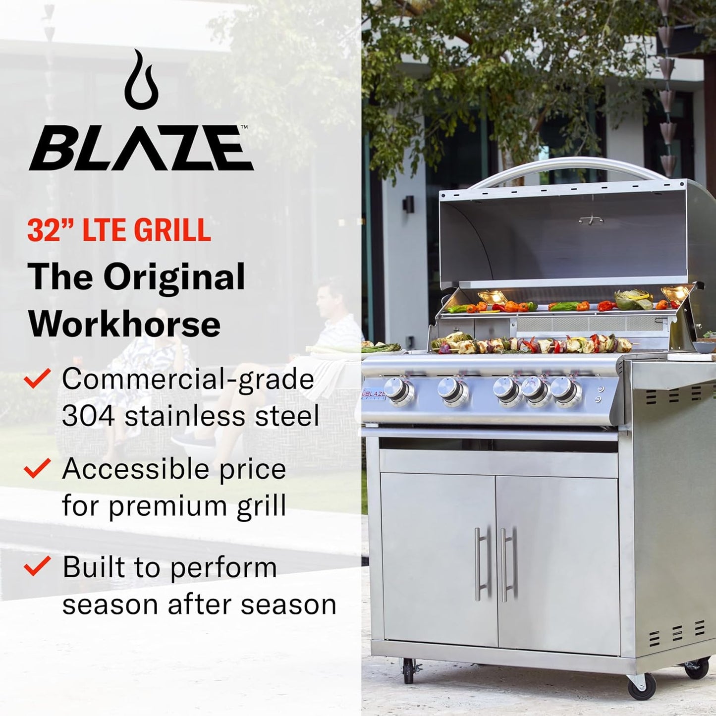 Blaze Premium LTE Built-in Natural Gas Grill | 40-Inch 5-Burner BBQ with Rear Infrared Burner & Grill Lights | 304 Stainless Steel Construction BLZ-5LTE2-NG