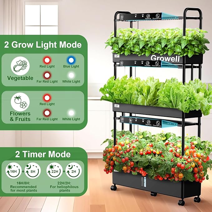 Growell Large Hydroponics Growing System Kit, 90 Pods Vertical Hydroponic Garden with 2 Light Modes Grow Light, Auto Circulating Water System, 40L Indoor Gardening System for Herb Vegetable Fruit
