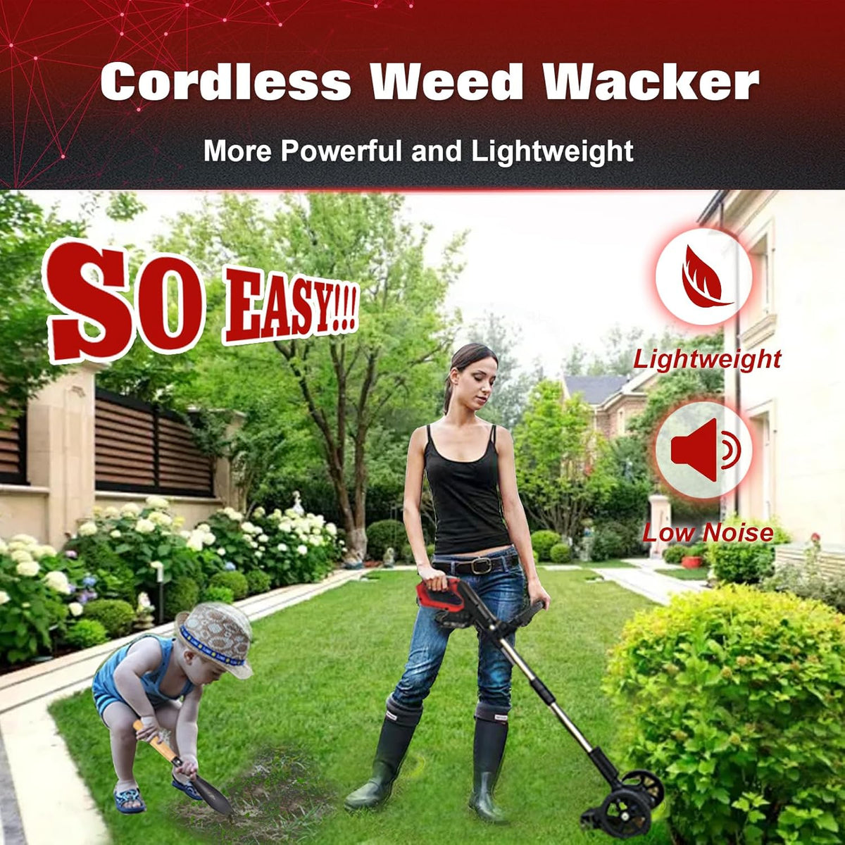 Electric Weed Wacker Eater Cordless Battery Powered, Weed Trimmer 21V Lightweight No-String with 2 Battery Operated & Wheels, 3 in 1 Stringless Grass Trimmer/Edger/Brush Cutter for Garden Yard Lawn