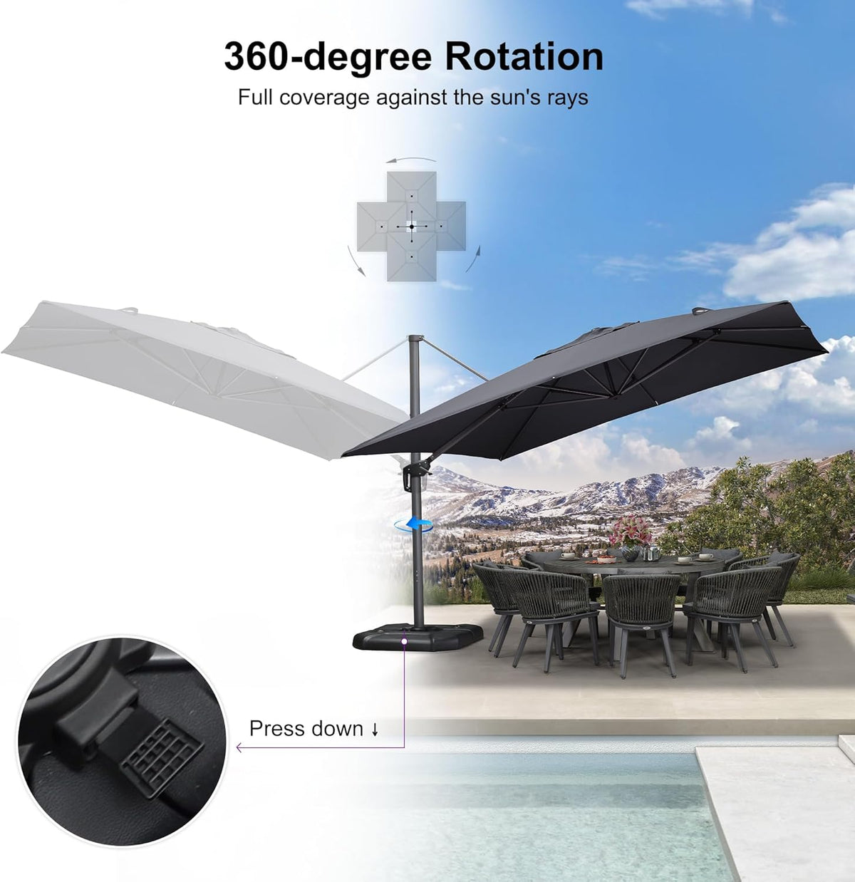 PURPLE LEAF 11.5' X 11.5' Telescopic Patio Umbrella Outdoor Cantilever Umbrella Square Up Down Lifting Offset Umbrella with 360-degree Rotation for Garden Deck Pool Patio Grey
