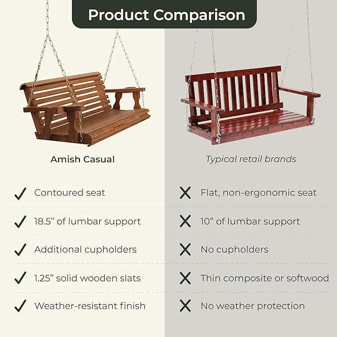 Amish Casual 4 Foot Roll Back Porch Swing with Cup Holders in Unfinished - Amish Made in The USA from Treated Pine Heavy Duty 700 Lb. Weight Capacity