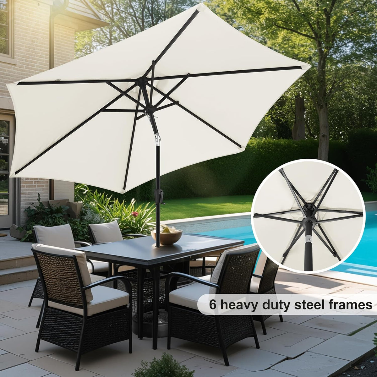 FLAME&SHADE 10ft Patio Umbrella - Outdoor Umbrella with 6 Sturdy Ribs, Push Button Tilt and Crank, UV Protection Table Market Umbrella for Pool, Porch，Garden, Deck, Backyard (Ivory)