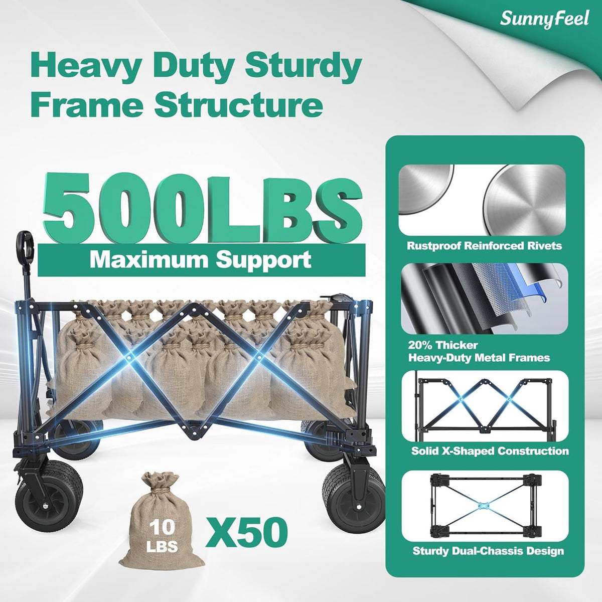 SUNNYFEEL Heavy Duty Collapsible Outdoor Utility Wagon Cart 500LB Capacity Adjustable Handlebar,Foldable Beach Wheels Stable Durable Oxford Fabric for Shopping Garden Camping (Black, Tall Version)