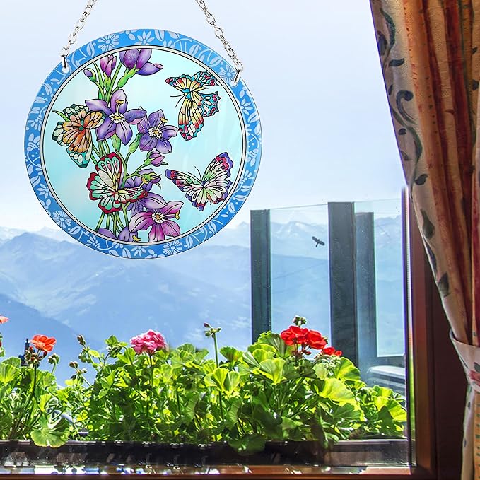 Butterfly Stained Glass Window Hanging - Butterfly Gifts for Women, Birds Suncatchers for Windows - Birds Window Hangings with Chain and Hook, 6 inch Stained Glass Suncatcher for Mom