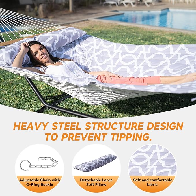 2 Person Outdoor Hammock with Stand, Cotton Rope Hammock with Polyester Pad, Adjustable Steel Frame, Portable with Carrying Bag – for Patio, Backyard, Garden, Beach, Cloud-Gray