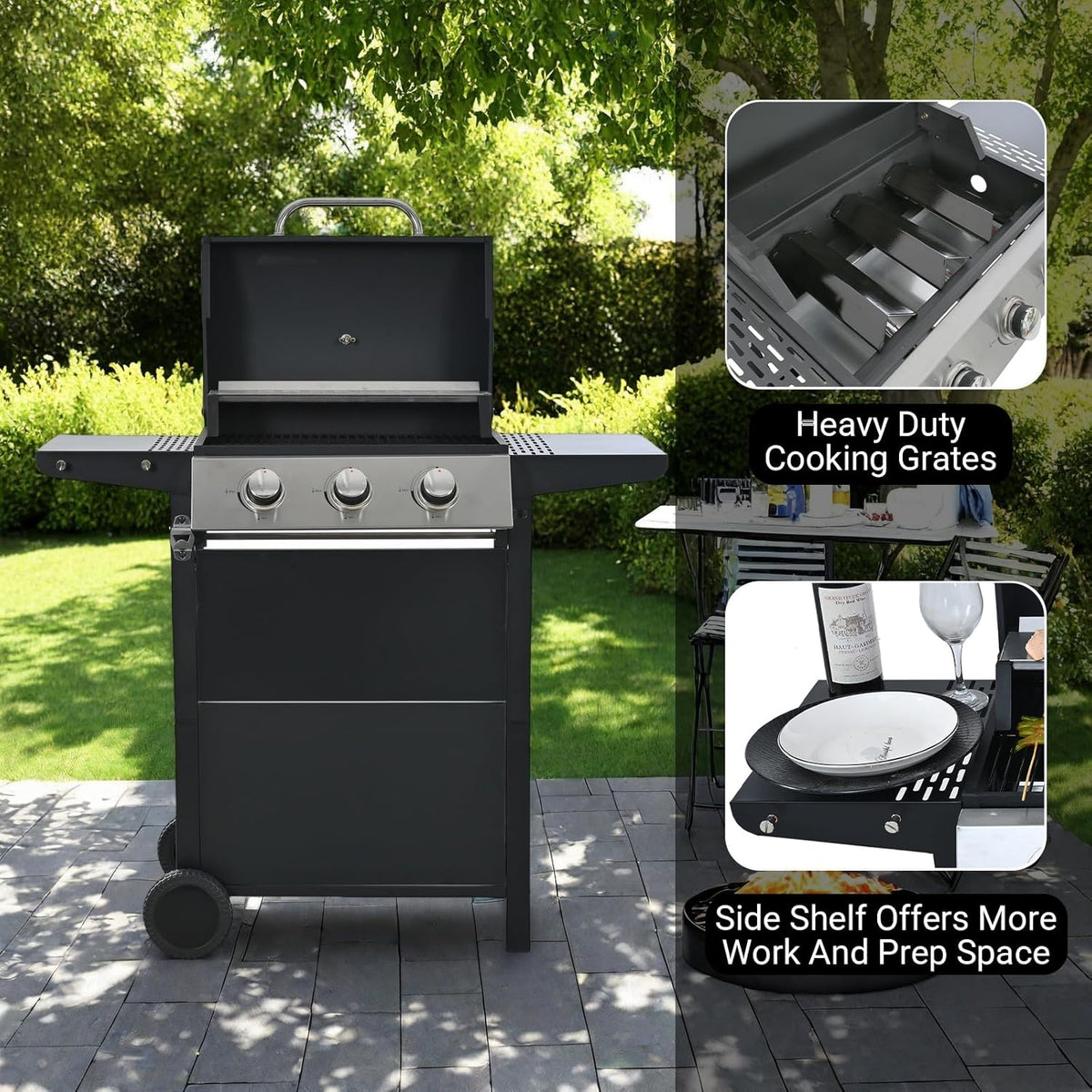 Endark 3-burner propane gas grill | 26,000 BTU stainless steel with enamel wire cooking grates and built-in thermometer | with side rack wheels | great for patio, garden, and outdoor cooking