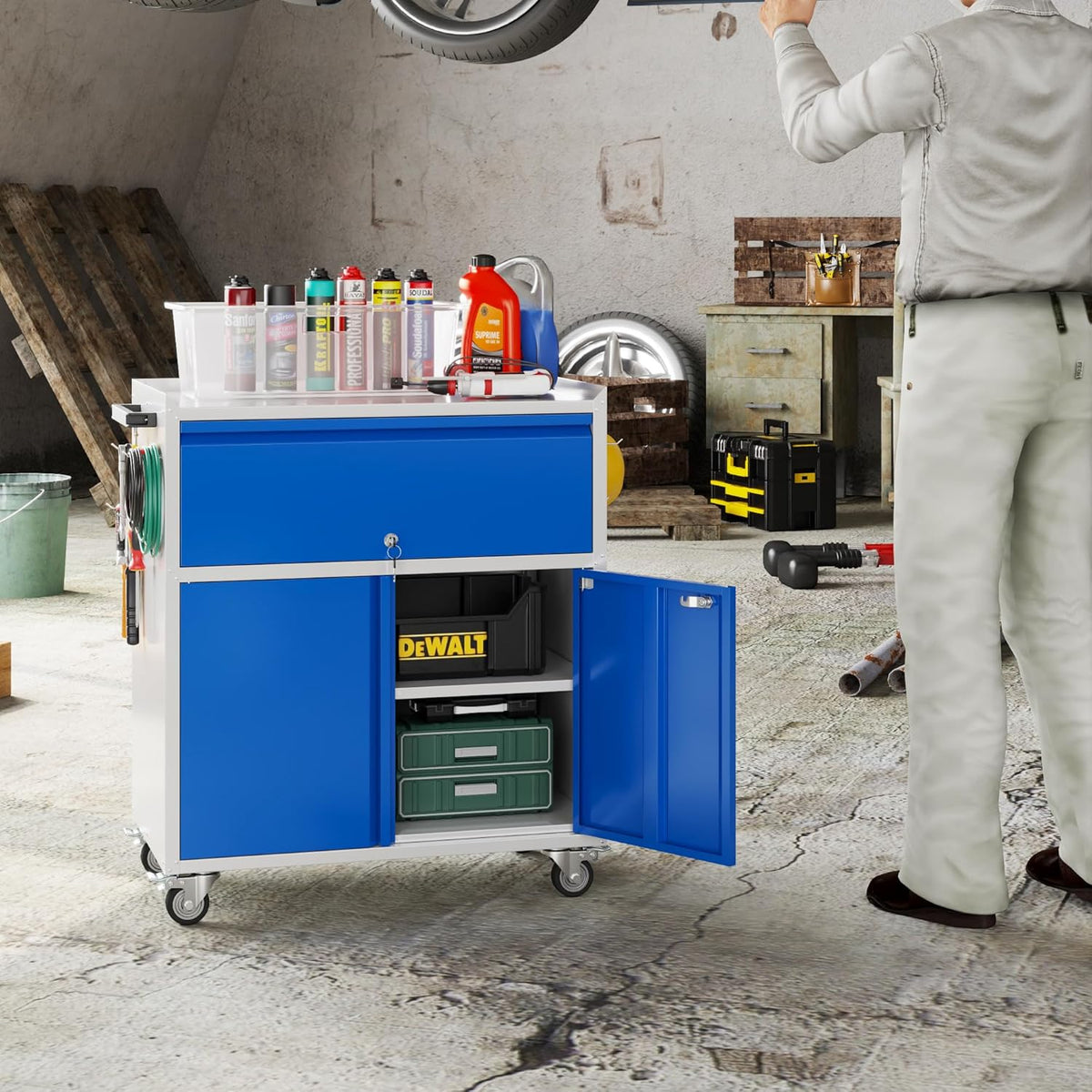 Metal Storage Cabinet on Wheels with 1 Drawer, Rolling Steel Garage Tools Cabinet with Side Pegboard &4 Hooks & 1 Adjustable Shelf for Garage,Shop,Home, Blue/Gray, Assembly Required