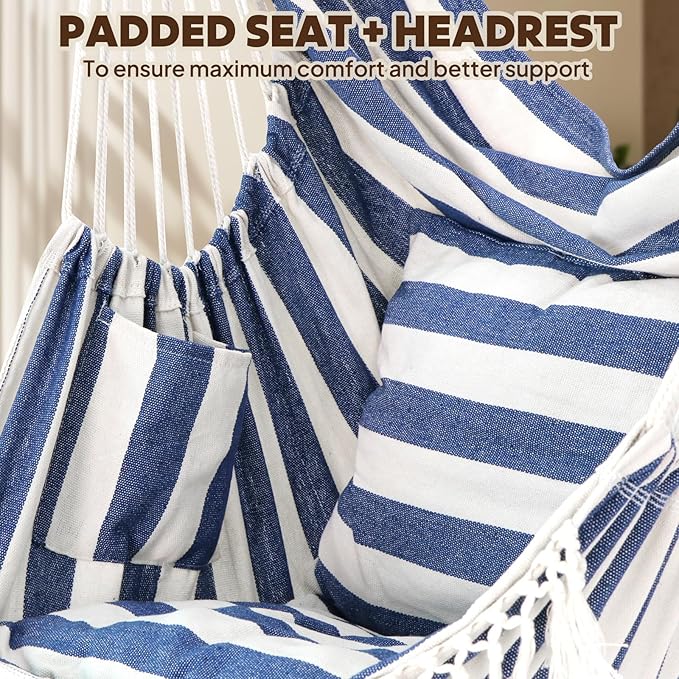 Chihee Hammock Chair Hanging Chair with Foot Rest 2 Cushions Max 500lbs Robust Metal Spreader Bar Collapsible Easy Storage Soft Cotton Swing Chair Strong Strap Iron Carabiner Side Pocket Included