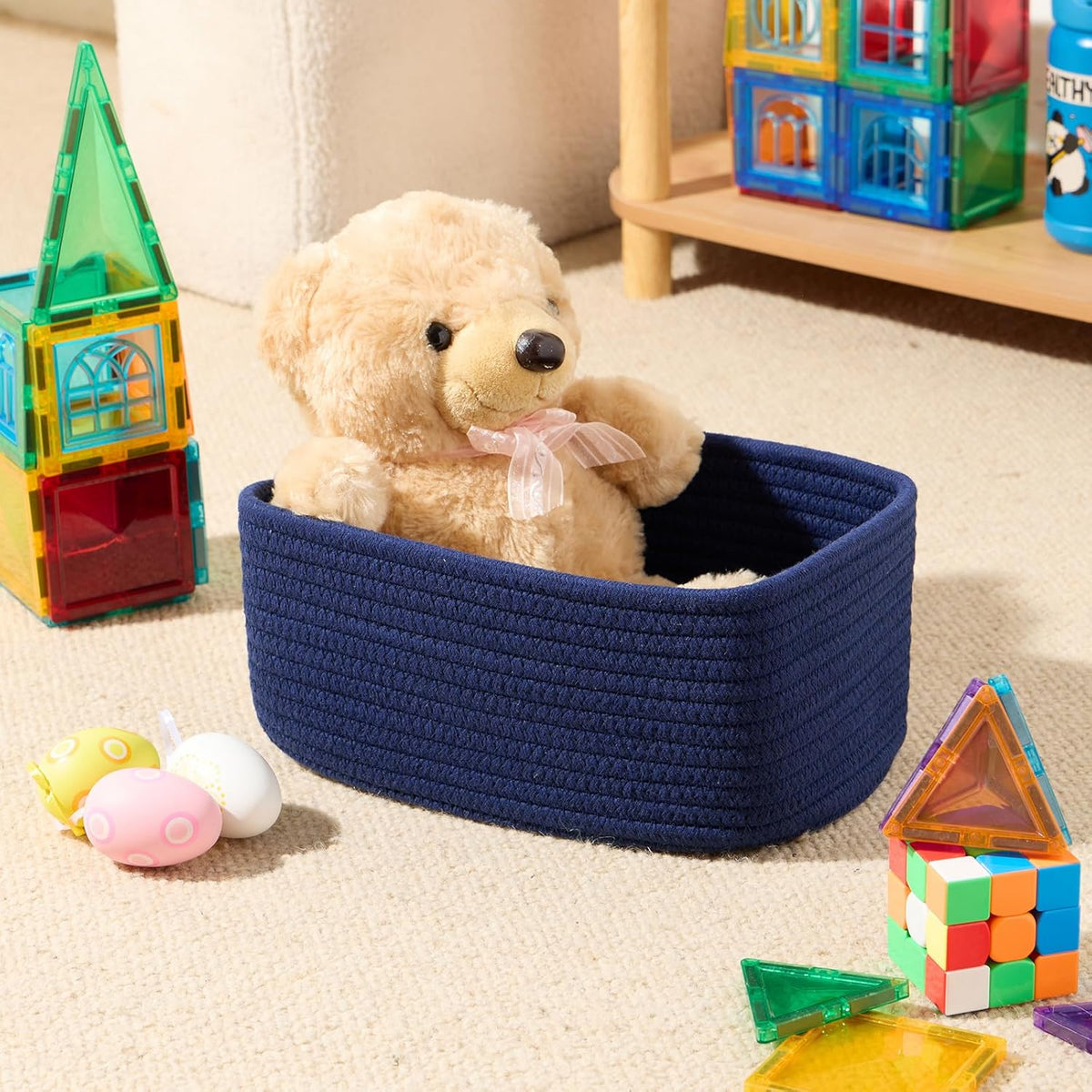 Small Storage Baskets for Organizing | Closet Organizer Bins | Shelf Toy Basket | Woven Rope Baskets | Cube Decorative Box | Shallow Basket | 11.5x7.5x4.7” | 4 Packs Navy Blue