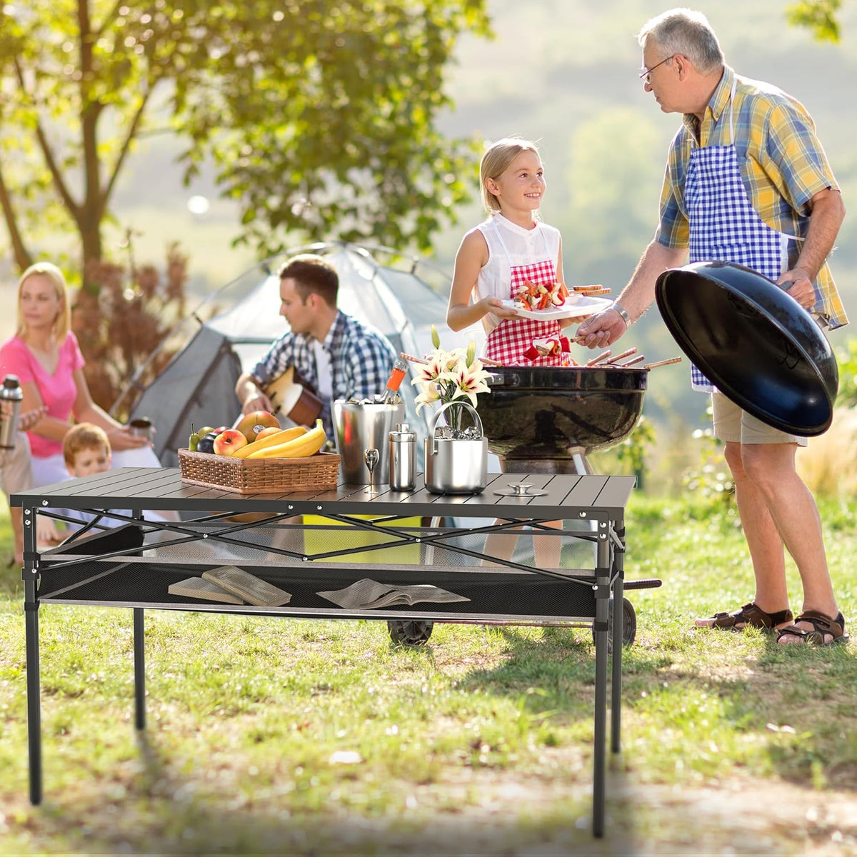 Folding Camping Table, Aluminum Roll-up Table with Storage Net and Carrying Bag, Outdoor Lightweight Camp Table for Picnic, Camping, Beach,Backyard, BBQ, Party, Patio