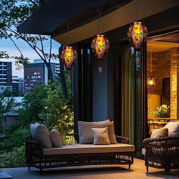 Hummingbird Hot Air Balloon Solar Lantern, Metal & Glass Flickering Flame Light Solar Lantern, Hanging Waterproof Solar Lanterns Outdoor for Garden Patio Tree Decoration