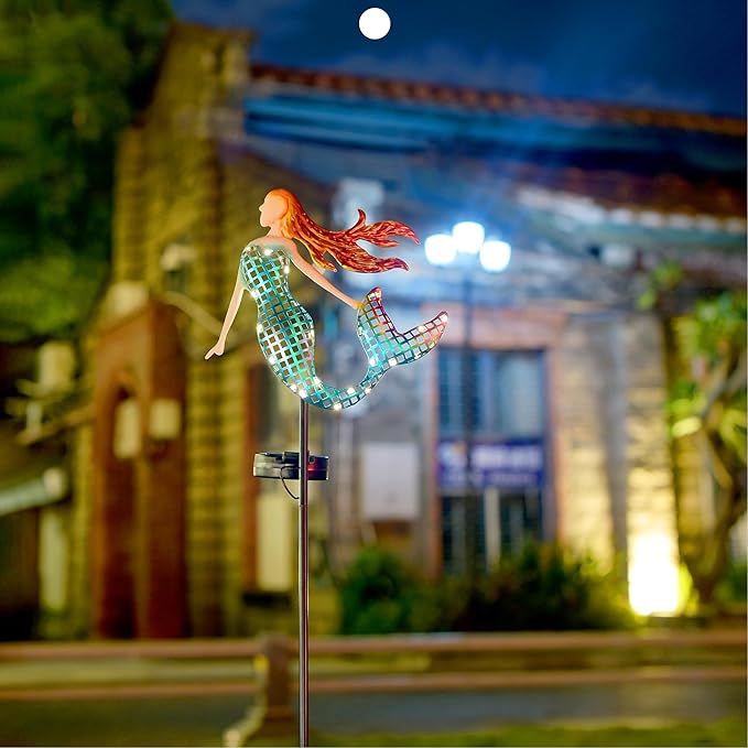ARTER Solar Mermaid Garden Stake Light, Blue Nautical Ocean Themed Outdoor Waterproof Solar Yard Light with 3.6 Feet 22 LED Fairy Lights for Pathway Patio Lawn Poolside, 37 Inches Tall (Pack of 1)