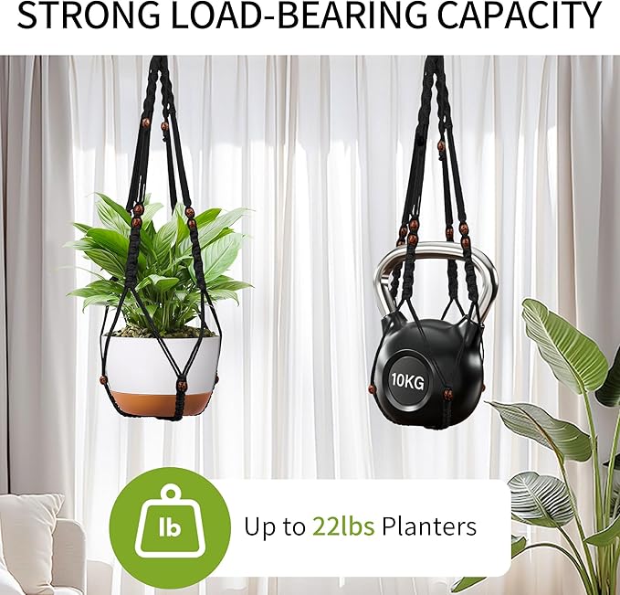 43 Inch Macrame Plant Hanger - Fits 6-15 Inch Pots, Extra Long Hanging Planter Holder for Indoor Outdoor, with Red Wood Beads, Boho Home Decor, 2 Pack, Black (POTS NOT Included)