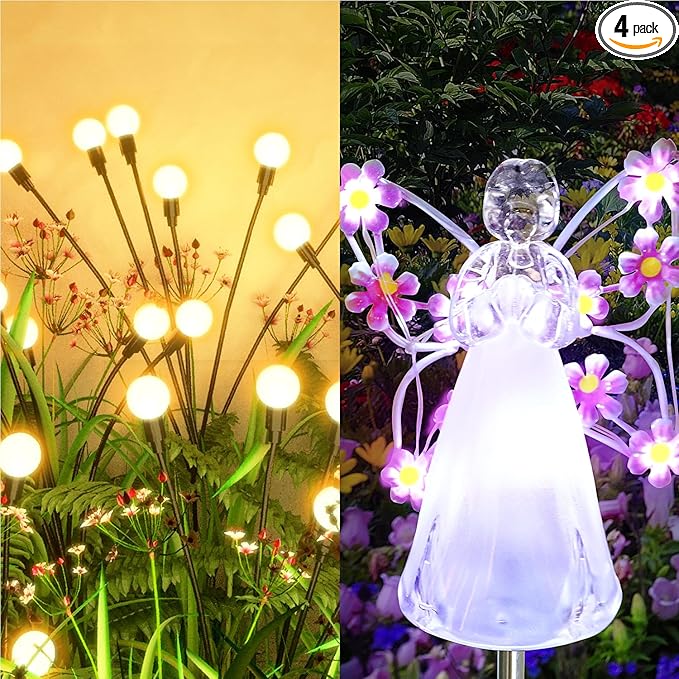 2 Pack Solar Firefly Lights + 2 Pack Iron Winged Angel Light Solar for Yard, Patio, Pathway, Lawn, Walkway, Camping, Pool, Solar Ground Lights Walkway Lights Deck Lights