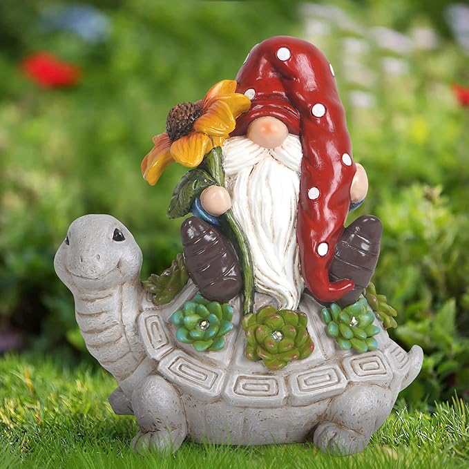 Hodao Patio Garden Theme Solar Gnome & Turtle Sculpture Statue - Lawn, Deck, Balcony, Patio Spring/Summer Decorations - Creative Housewarming Gifts