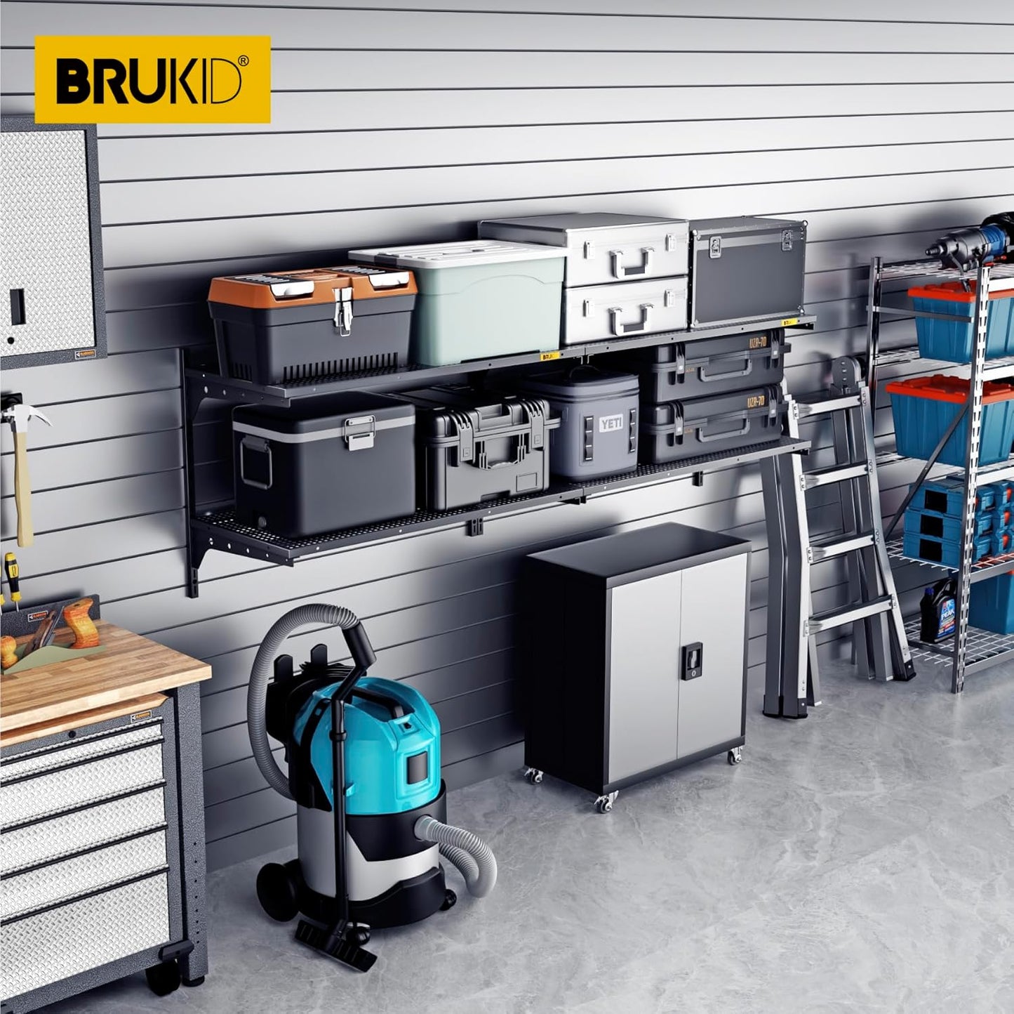 2-Pack×2 Tier 1.3x3ft Garage Shelving Wall Mounted, 800 lbs Load Capacity，15.6x36inch per Shelf Height Cassette Adjustable Floating Shelves（Total 4pcs）(Black)