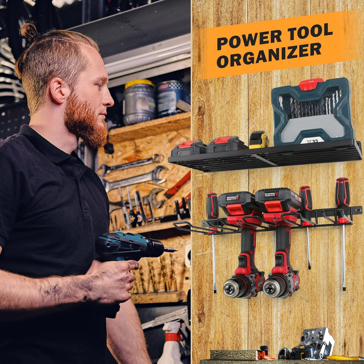 Power Tool Organizer Wall Mount, Cordless Drill Holder and Battery Shelf, Garage Tool Storage Heavy Duty Utility Rack for Tool Room, Workshop, Garage
