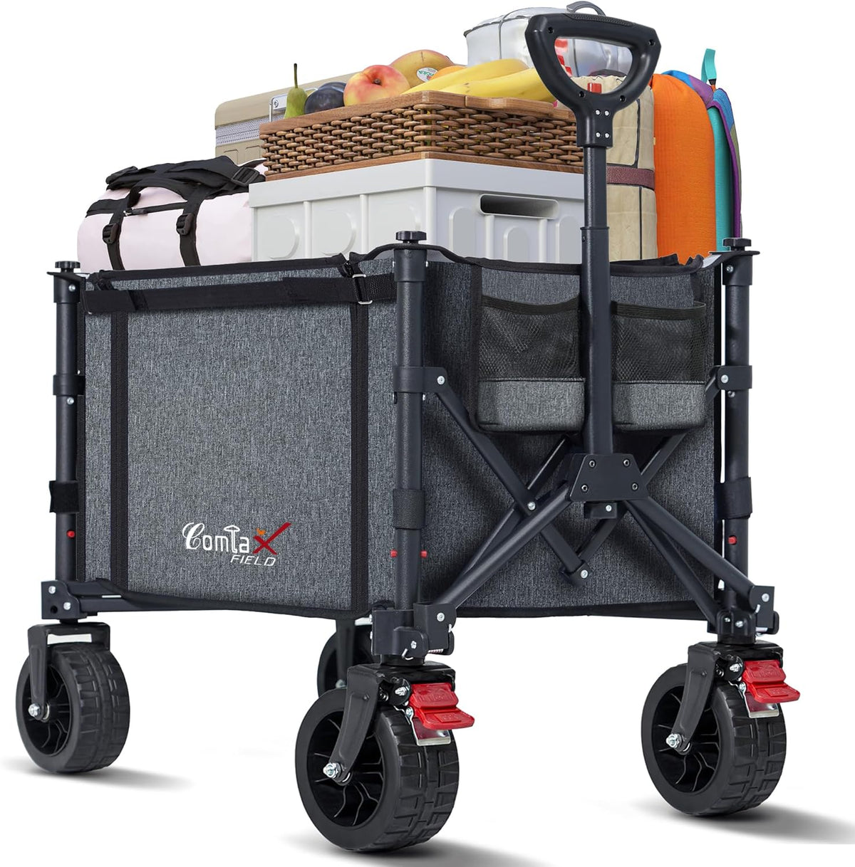 Collapsible Wagon Cart Foldable with Big Wheels Brakes, 250lbs Folding Utility Lightweight Garden Wagon, Portable Grocery Cart for Camping Shopping Sports Pets, Grey