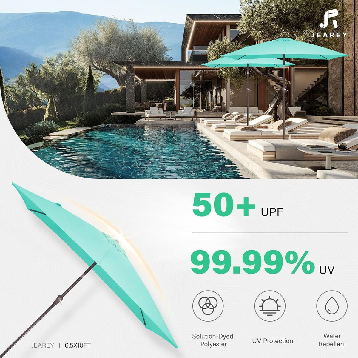 JEAREY 6.5x10 ft Rectangular Patio Umbrellas Outdoor Market Umbrella with Push Button Tilt and Crank, Rectangle Table Umbrella 6 Sturdy Ribs UV Protection for Pool Garden Backyard Deck, Aqua Sky