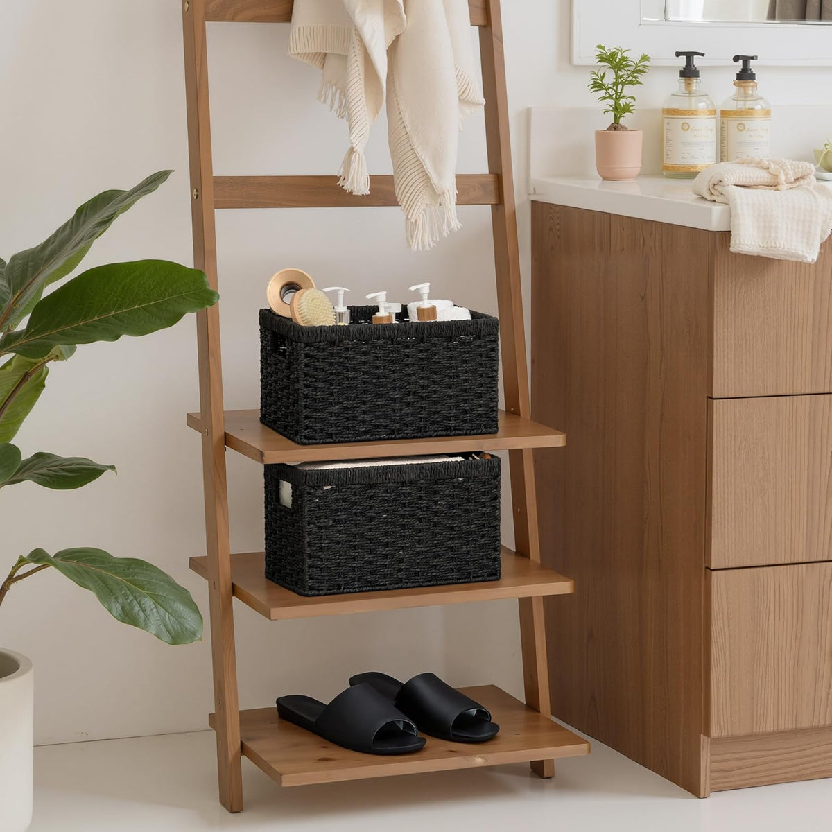 StorageWorks Pantry Baskets, Wicker Storage Baskets for Organizing, Bathroom Shelves, Pantry Organizers and Storage, Medium, Black, 2-Pack