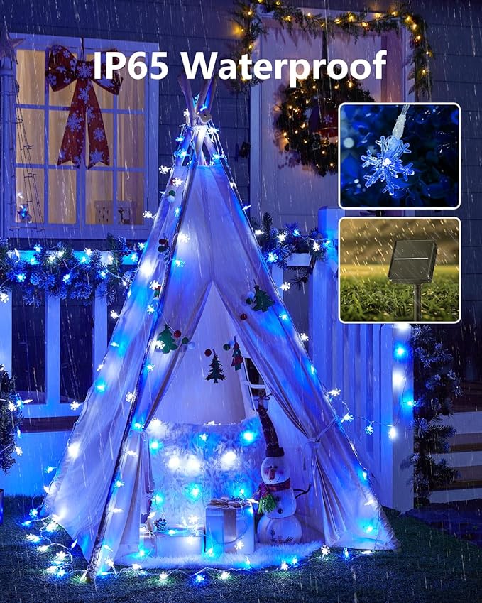 Brightown Solar Christmas Snowflake String Lights 100 LED 39 FT Outdoor Waterproof Fairy Lights with 8 Lighting Modes for Wedding, Party, Tree, Room, Garden, Patio, Yard, Home, Blue & White