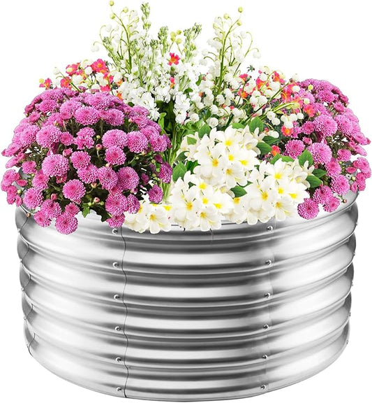 17" Tall Elevated Round Metal Rised Garden Bed- 2.7'x2.7' in Size and 0.8MM Thick Durable Planter Box for Vegetables Flowers Succulent at Patio/Garden Outdoor (Silver, 2.7FT Diameter)