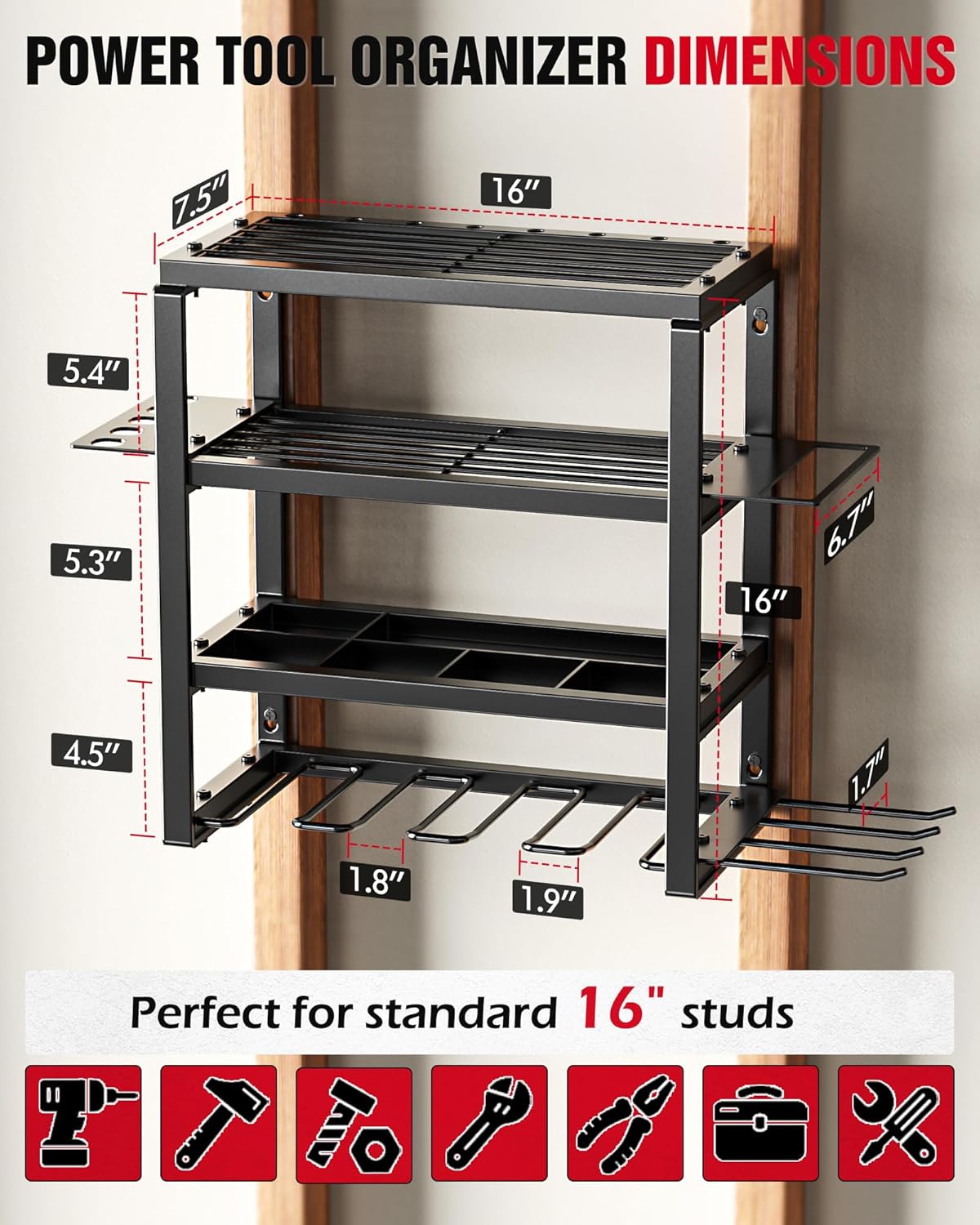 MAXIFFE 4 Layer Power Tool Organizer Wall Mount, Heavy Duty Metal Cordless Tool Organizers and Storage Rack Holder with 6 Drill Holders for Garage Storage Organization, Gifts for Men, Black, 16 inch