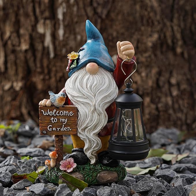 C&Y&G&X Solar Garden Gnome Statue – Waterproof Outdoor Decor with Solar Lantern LED Lights and Welcome Sign for Yard, Lawn, Patio – Ideal Gift for Grandma Mom Women