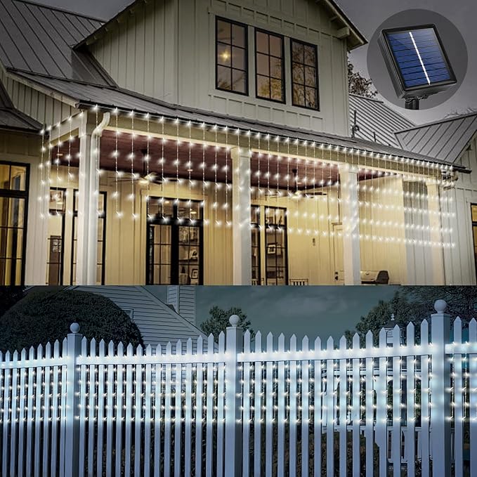32.8 * 3.28FT Large Size Solar Curtain Lights Outdoor, 8 Modes Icicle Lights, Solar Garden Christmas Decortions for Patio, Gazebo, Eaves, Fence, Tree, Porch (White)