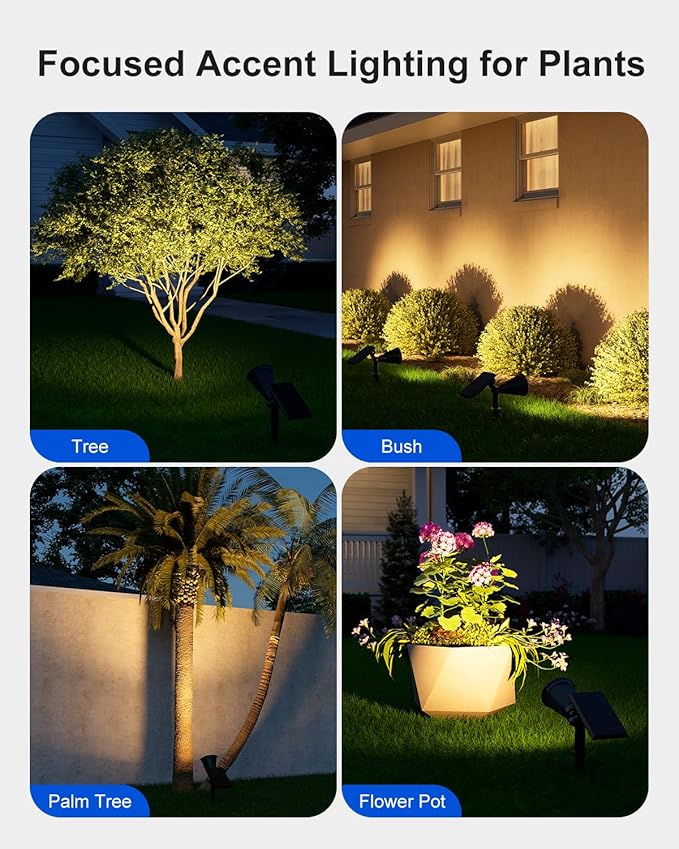 4 Pack Solar Spotlights Outdoor Waterproof for Tree, Statue, Flower, Mailbox, Bush, Wall, Bright LED Outside Landscape Flood Lights for Focus Uplighting Yard, Garden, Driveway, Walkway, House, Fence