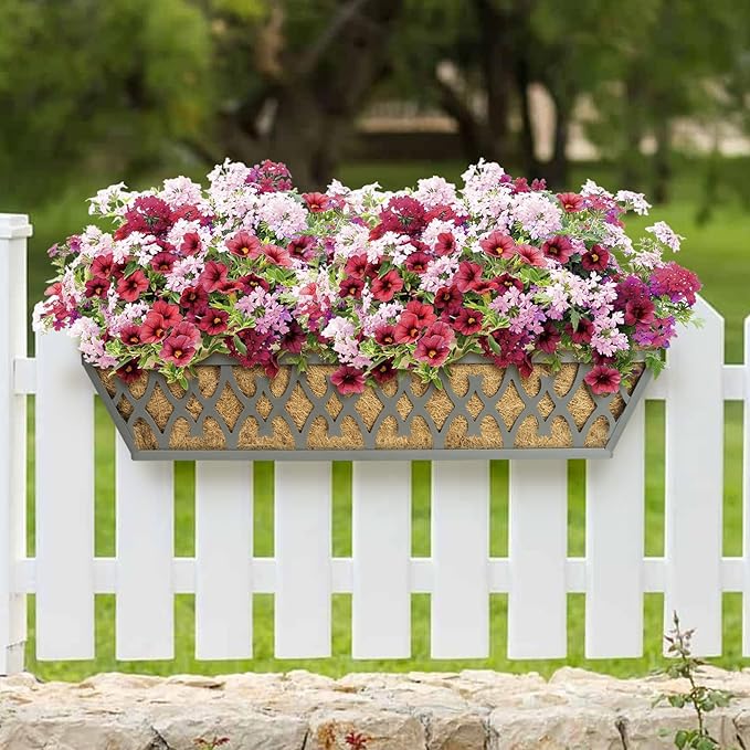 4 Pack 30 Inch Window Boxes Planters Railing Planter Box with Adjustable Brackets for Porch Fence Patio Balcony Hanging Flower Baskets with Coco Liners for Outdoor Garden Decor - Grey