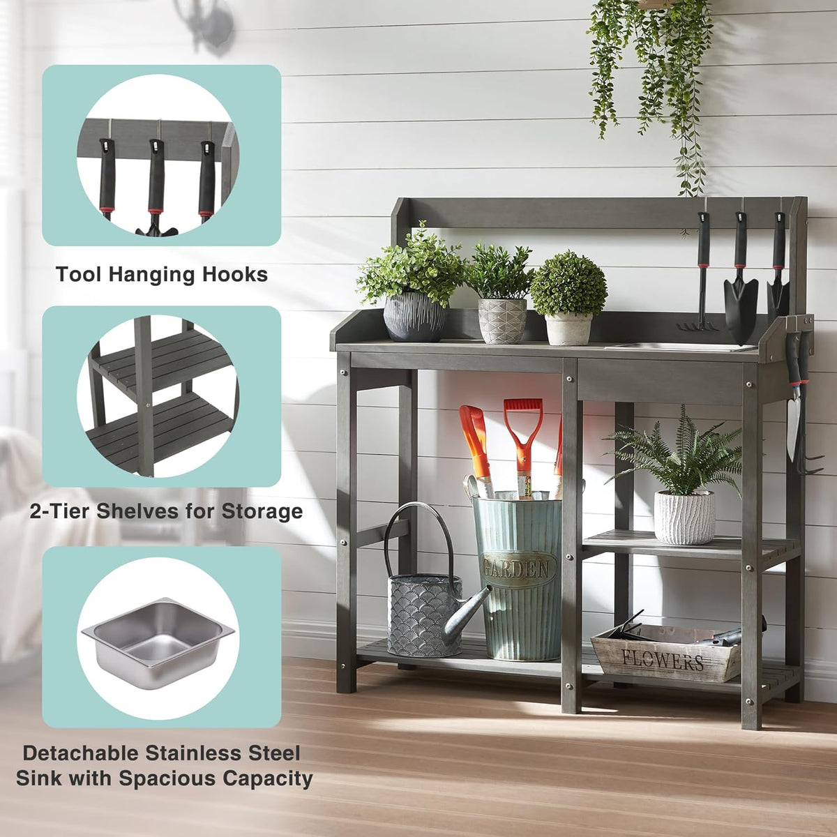 Psilvam Outdoor Potting Bench with Sink for All-Weather Gardens, HDPE Potting Benches for Outside, Planting Table for Garden, Patio and Lawn (Grey)