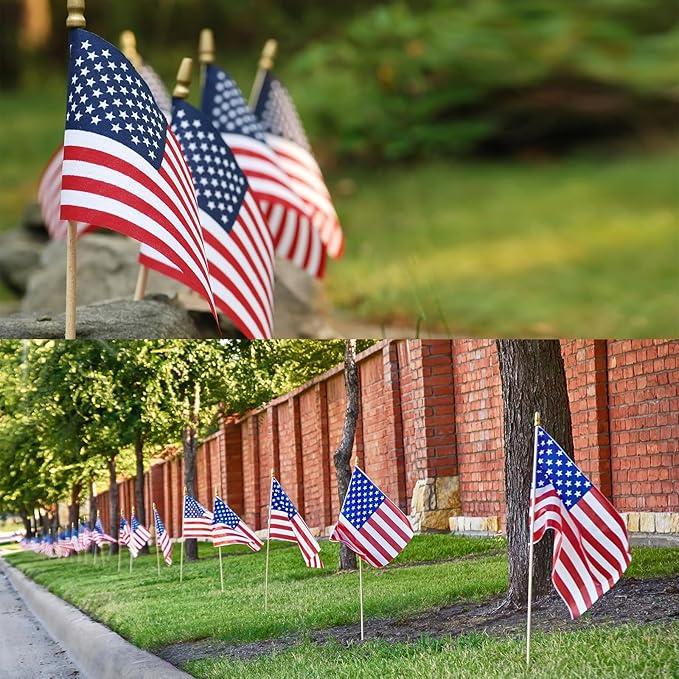 300pcs Small American Flags on Stick, Handheld 8 x 5.5 Inchs Mini American Flags with Kid-Safe Golden Spear Top, US Flags for 4th of July Decorations Outdoor, Independence Day Decorations