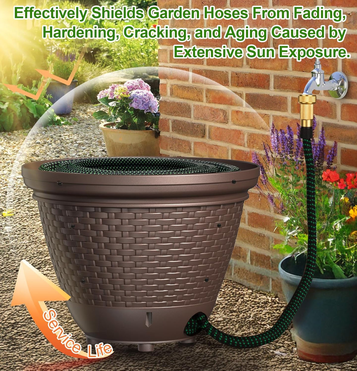Riokko Garden Hose Holder Pot, Decorative Wicker Hose Holder, Water Hose Storage for Outside/Garage, Hose Box Fits 100-400 FT Hoses with 5 Drain Holes, Large Capacity & Assembly Required, Java
