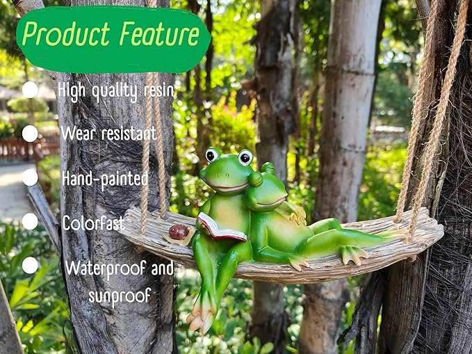 Artisan Flair Hanging Swing Frog Statues - Frog Statues for Garden Outdoors, Reading Book Frog Statue Figurine, Resin Couple Frog Statue for Garden, Balcony, Tree Decoration