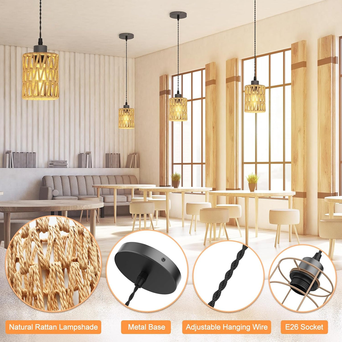 Farmhouse Hemp Rope Pendant Light - Rustic Hand-Woven Rattan Boho Hanging Light for Kitchen Island,Dining Room,Bedroom -Wicker Cage Chandelier-Coastal/Nautical Lighting Fixture Fixture(1Pack)