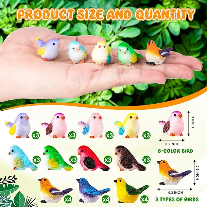 36PCS Miniature Cute Bird Decorative Figurines - Dollhouse Accessories, Mini Resin Birds Toy for Garden Crafts, Micro Landscape Home Meetings Decoration, Cake Topper (11 Styles)