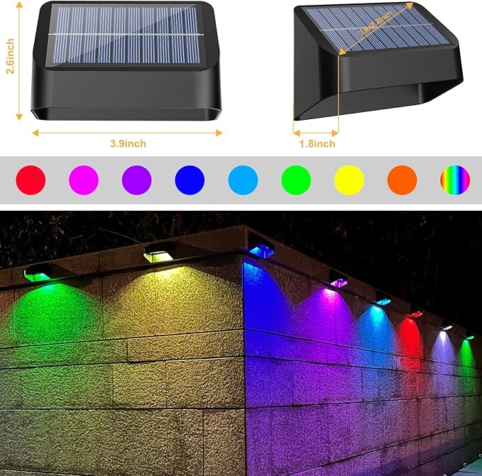 Brighter Solar Fence Lights,Solar Lights Outdoor Waterproof,Warm White and RGB 8 Colors,Dusk to Dawn Deck Light, Outdoor Lighting for Backyard/Railing/Wall/Step/Patio（12 Pack）
