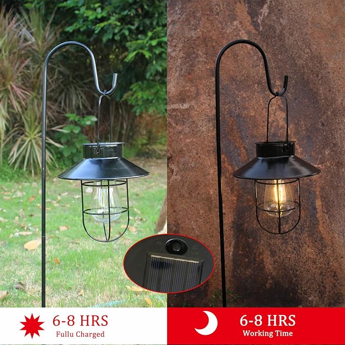 2 Pack Solar Lanterns ,Outdoor Waterproof Solar Lamp with Shepherd Hook, Metal Edison Bulb Lights Gifts for Gifts for Women/Mom Garden Outdoor Pathway Decor (Black)