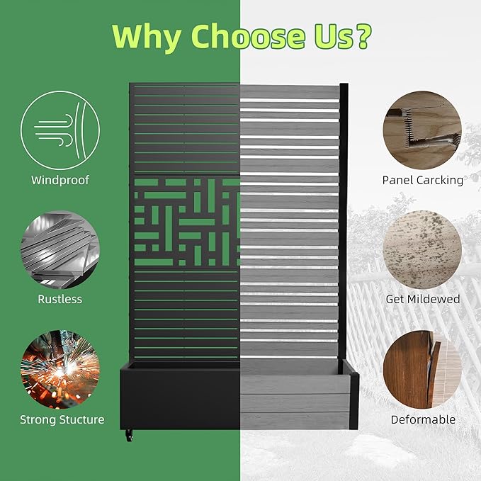 Casaphoria Metal Raised Garden Bed with Trellis and Wheels, 72"x47"x16" Planter Box for Climbing Plants, Vegetables & Vines, Features Drainage Holes and Privacy Screen, Black(Louvered&Helen)