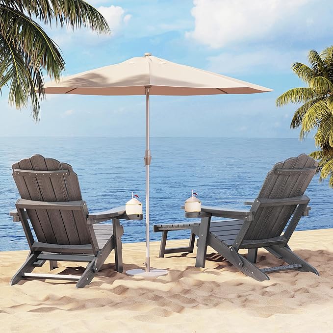 Adjustable Backrest Folding Adirondack Chair with Ottoman & 2 Cup Holders, HIPS Weather Resistant Adirondack Chair, Outdoor Fire Pit Chair for Beach, Pool, Deck, Porch, Yard, Lawn, Grey