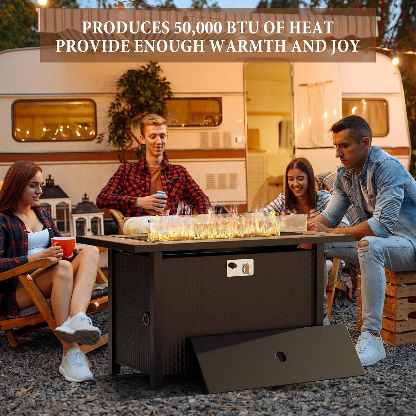 45 inch Outdoor Propane Fire Pit 50,000 BTU Gas Fire Pit Table with Walnut Tabletop, Glass Wind Guard, Waterproof Cover, Rectangle Gas Firepit Table for Garden/Patio,CSA Certification