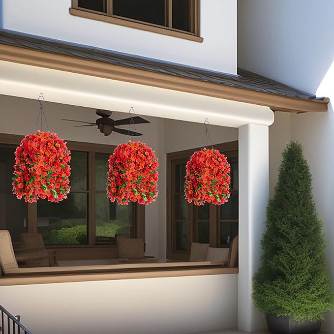 Artificial Hanging Flowers in 12 inch Basket, Fake Fall Plant Silk Orchid Flower Arrangement with Hanging Basket Daisy Planter for Patio Garden Porch Deck Summer Autumn Yard Decoration(Red Orange)